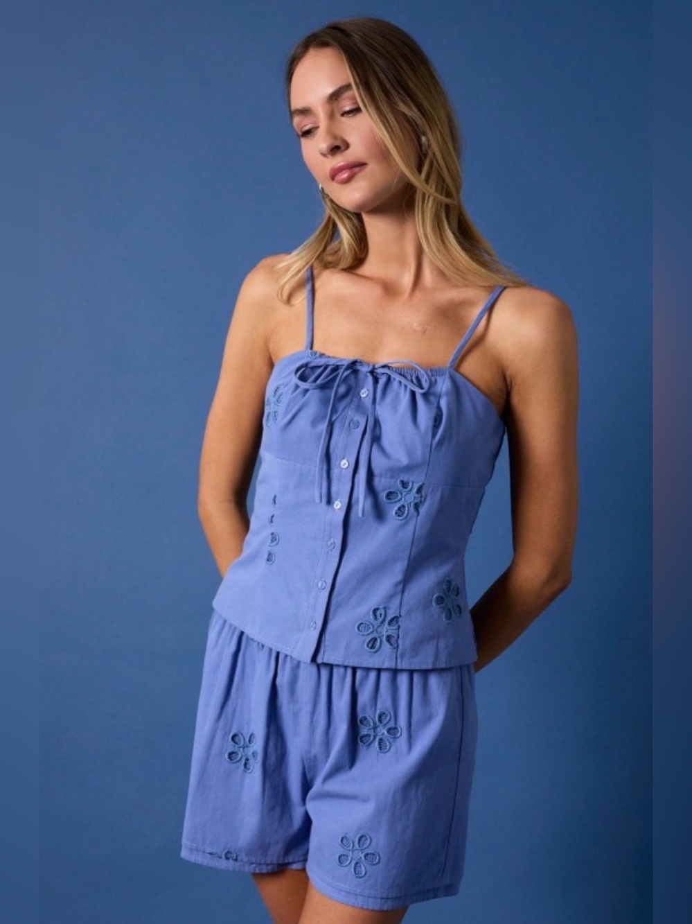 142. Blue Eyelet Cotton Cami Top and Shorts Set